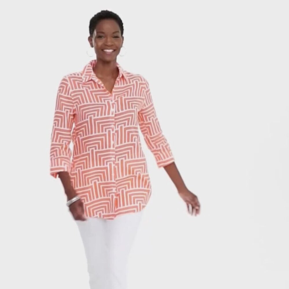 Chico's Coral and White Geometric Button-Down Shirt